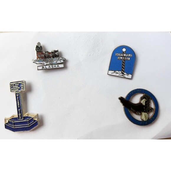 Lot of 4 Alaska Enamel Lapel Pins Skagway North Pole Sled Dogs Dawson Creek - Picture 1 of 7